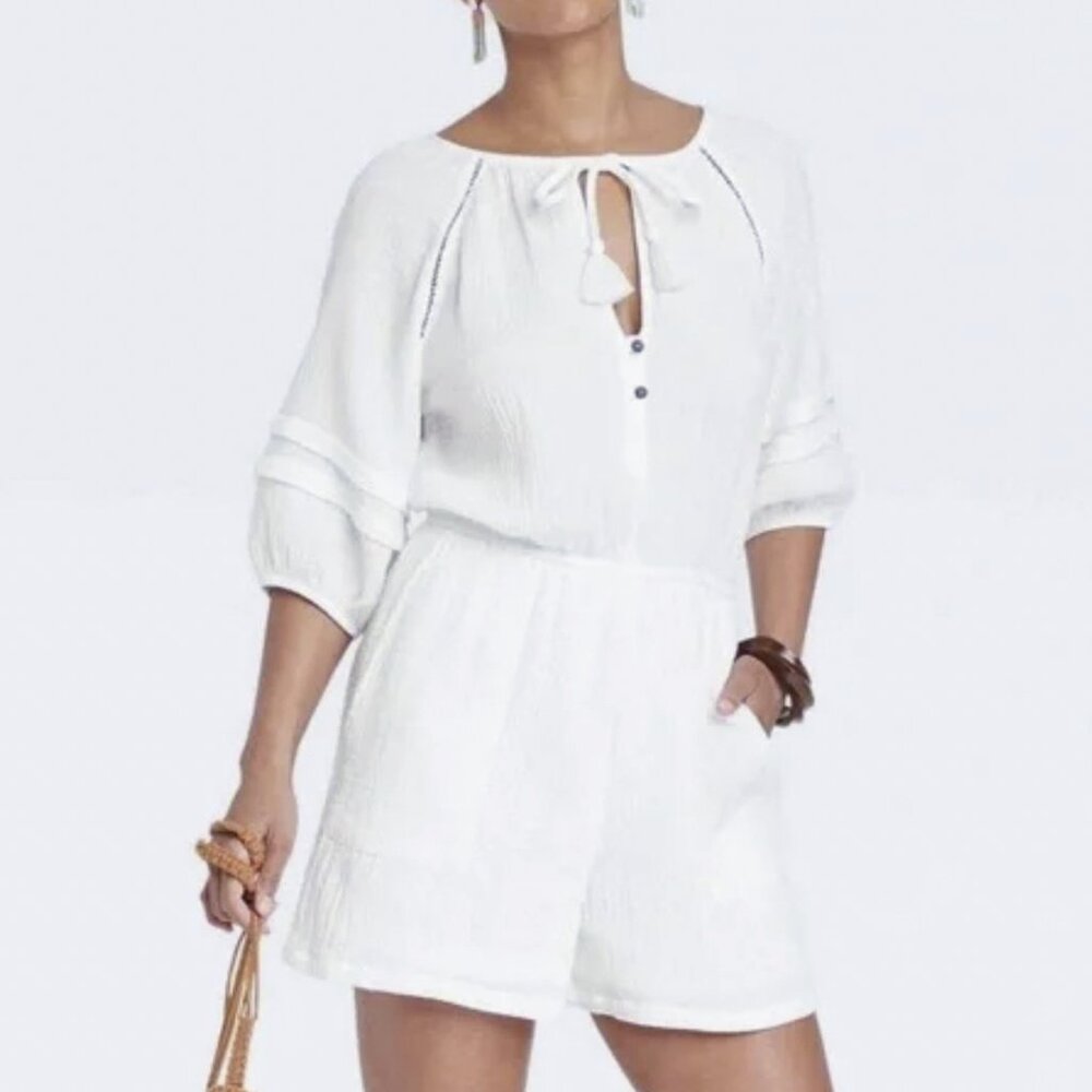 Boho White Gauze 100% Cotton Summer Romper with Pockets Tie Tassels Size S